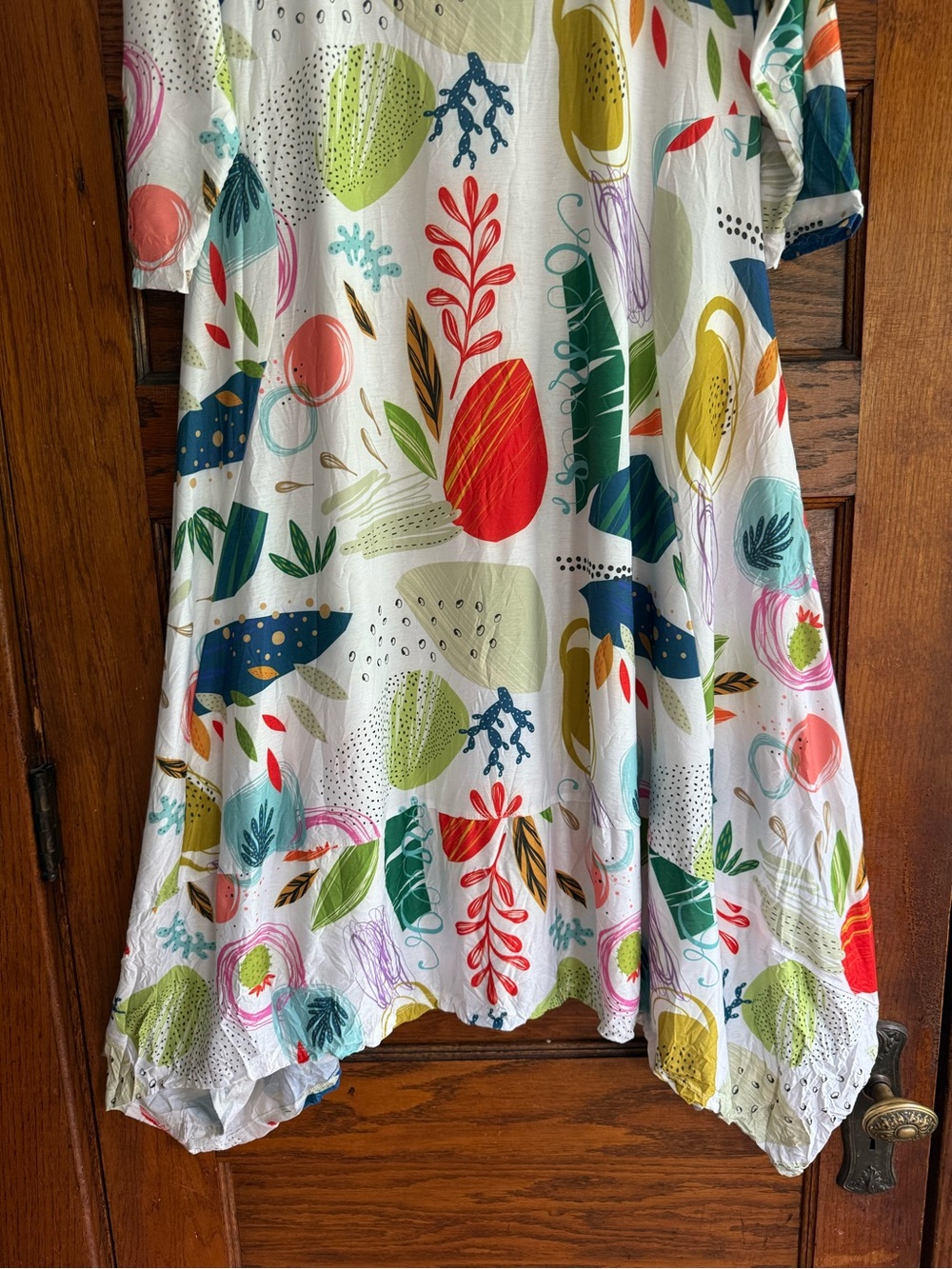 SHANA APPAREL Artsy Lagenlook Flowy Midi Dress Cactus Leaf Pattern 3/4 Sleeves - Picture 4 of 9